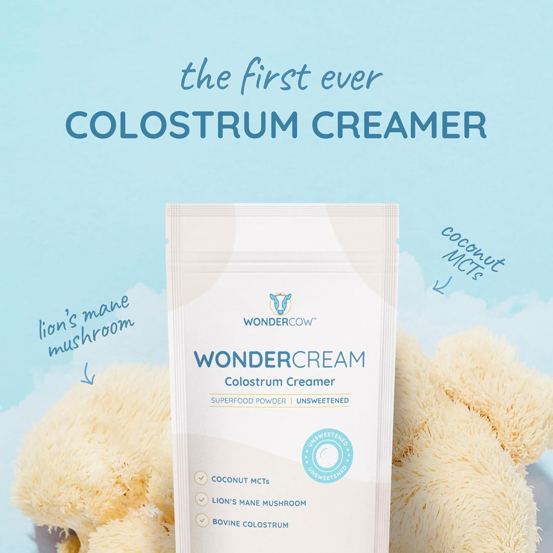 WONDERCOW Bovine Colostrum Superfood Creamer Supplement Powder w/Organic Lions Mane Mushroom & Coconut Milk Powder MCTs | Functional Sugar Free Keto Coffee, Smoothie & Drink Mix Unsweetened WONDERCOW Au supplements
