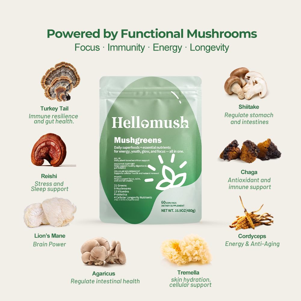 Hellomush Super Greens Powder Superfood, Daily Green Powder Supplement with Probiotics Drink Mix for Men & Women, Blend of Greens, Mushrooms, Vitamins, Probiotics and Cellular Nutrients Hellomush Au supplements