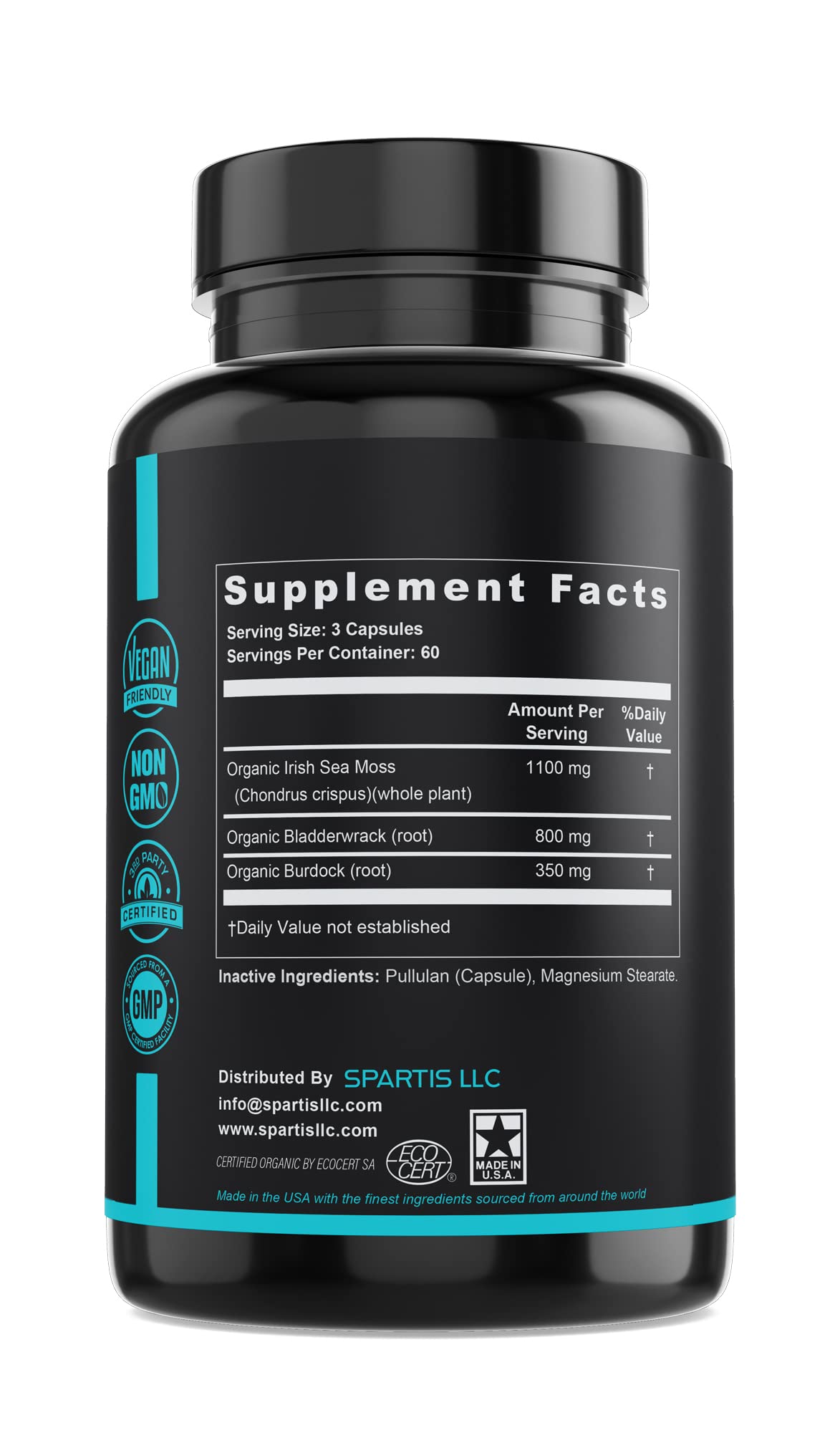 SPARTIS Certified Organic Sea Moss Capsules 2250mg Wildcrafted Irish Sea Moss Burdock Root Bladderwrack Supplement Raw Seamoss Pills & Powder (Pack of 1 at 180-Caps) SPARTIS Au supplements