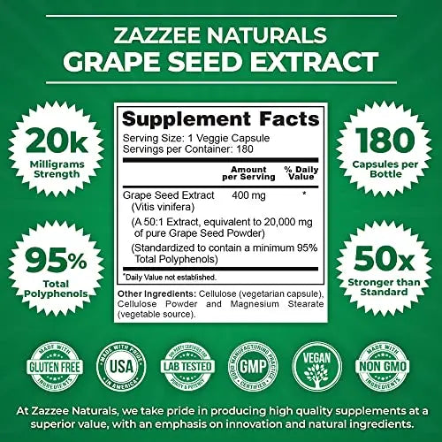 Zazzee High Strength Grape Seed 50:1 Extract, 20,000 mg Strength, 180 Vegan Capsules Zazzee Au supplements