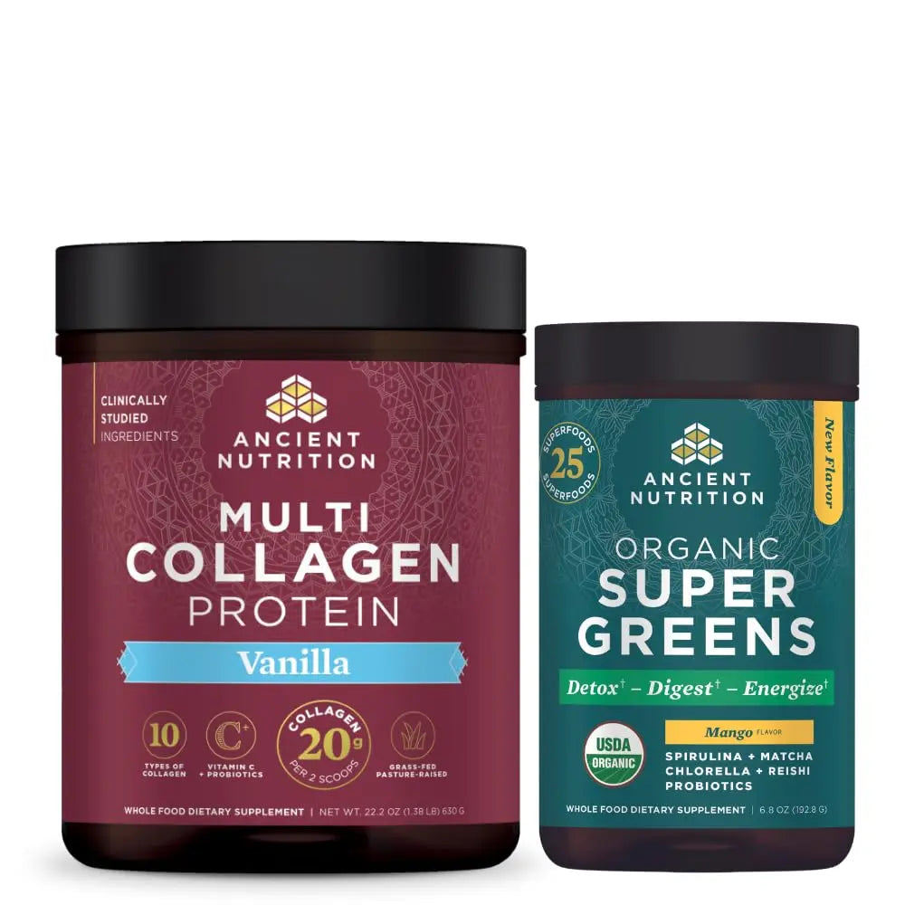 Ancient Nutrition Organic Supergreens Powder, Mango, 25 Servings + Multi Collagen Protein Powder, Vanilla, 60 Servings Ancient Nutrition Au supplements