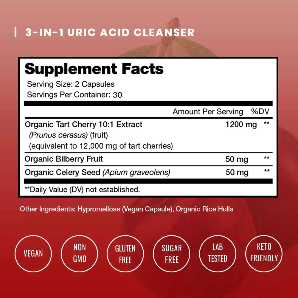 NutraChamps Organic Tart Cherry Extract Capsules - Made from Montmorency Tart Cherry Concentrate, Celery Seed & Bilberry - Uric Acid Cleanse & Joint Support - Vegan Capsules NutraChamps Au supplements