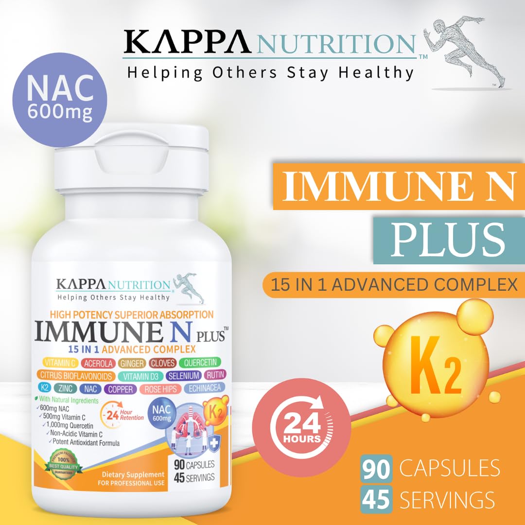 (60 Capsules), NAC 600mg, Quercetin 1,000mg, Vitamin C 500mg, Zinc 50mg, Vitamin D3 5,000iu, Selenium, Copper, Acerola, Ginger, Rutin, Citrus Bioflavonoids, Rose Hips, Echinacea, Immune N Plus 15 in 1 KAPPA NUTRITION Au supplements