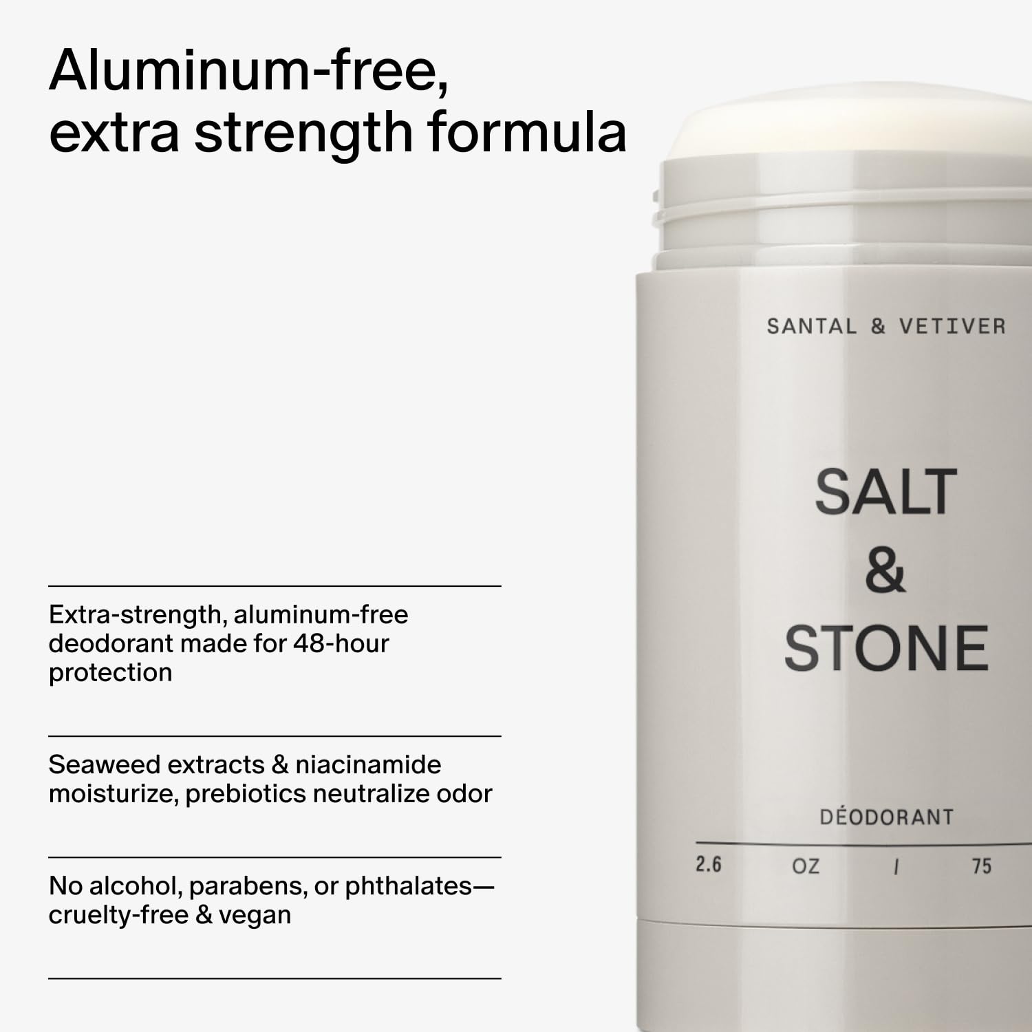 Salt & Stone Aluminum Free Deodorant | Extra Strength 48 Hour Protection for Women & Men | Made with Seaweed Extracts, Niacinamide & Prebiotics | Santal & Vetiver Salt & Stone Au supplements