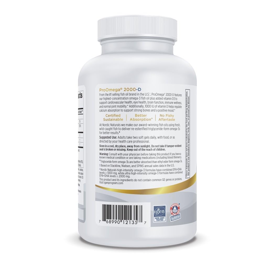 Nordic Naturals ProOmega 2000-D, Lemon Flavor - 120 Soft Gels - 2150 mg Omega-3 + 1000 IU D3 - Ultra High-Potency Fish Oil - EPA & DHA - Brain, Heart, & Immune Health - Non-GMO - 60 Servings Nordic Naturals Au supplements