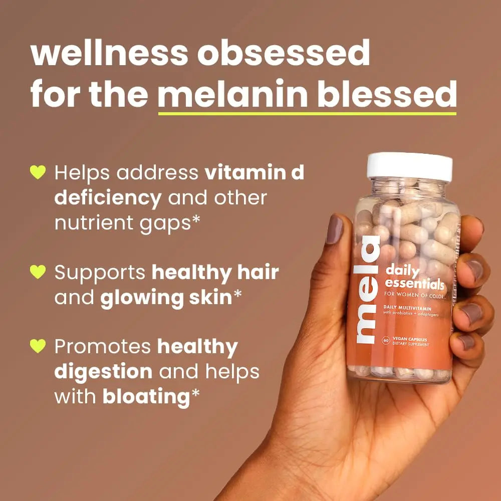 Mela Daily Essentials Multivitamin for Melanated Women - High-Dose Vitamin D3 and B12, Probiotics, Lion's Mane, Ceylon Cinnamon Mela Au supplements