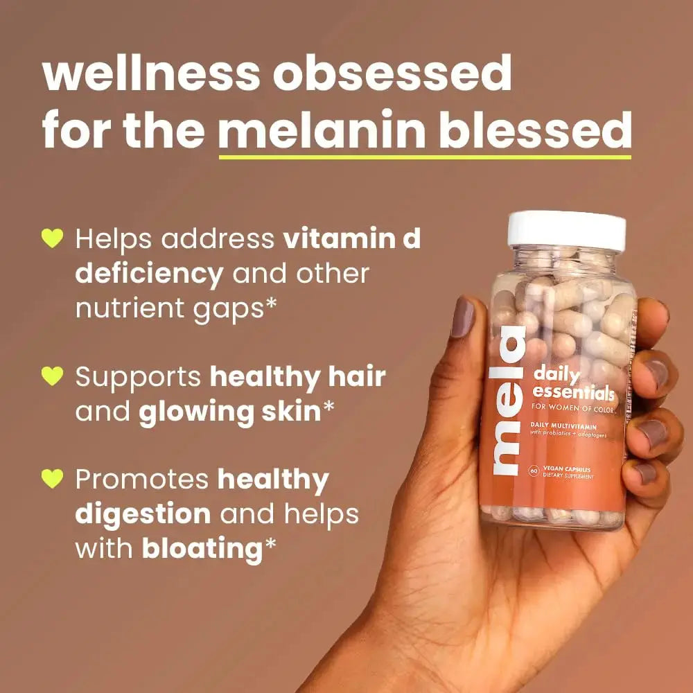 Mela Daily Essentials Multivitamin for Melanated Women - High-Dose Vitamin D3 and B12, Probiotics, Lion's Mane, Ceylon Cinnamon Mela Au supplements