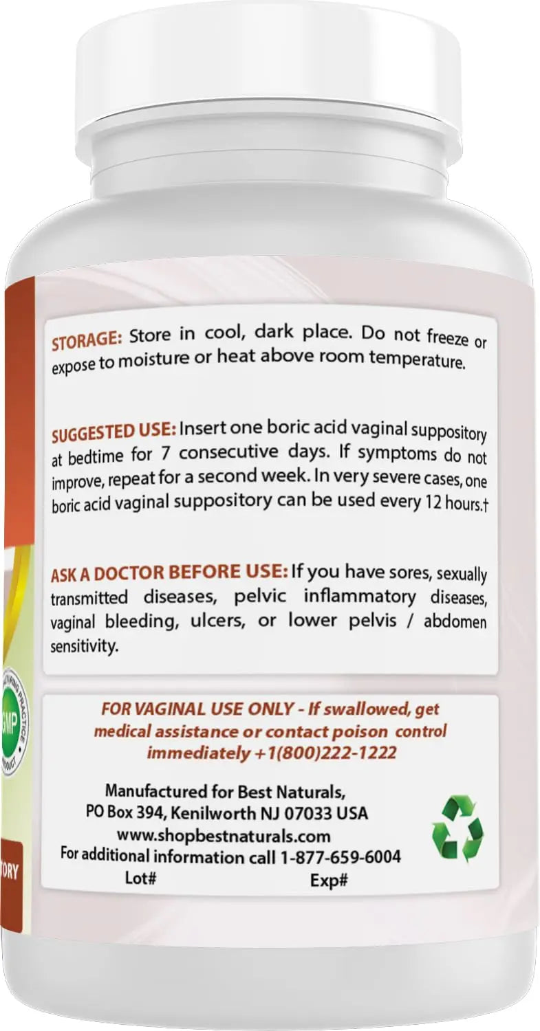 Best Naturals Boric Acid Vaginal Suppositories - Made in USA - USP Medical Grade Fine Powder, Easy Dissolve, Third Party Tested - 60 Count Best Naturals Au supplements