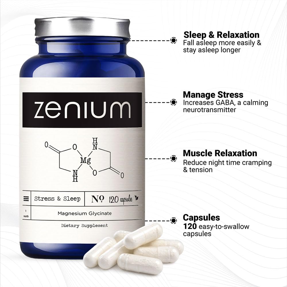 Zenium - Magnesium Glycinate for Sleep, Chelated, 600mg per Serving, 120 Capsules | High Absorption | Relieve Tension, Worry, Nervousness | Calm The Mind & Body | Ayurvedic | Natural Relief Supplement Zenium Au supplements