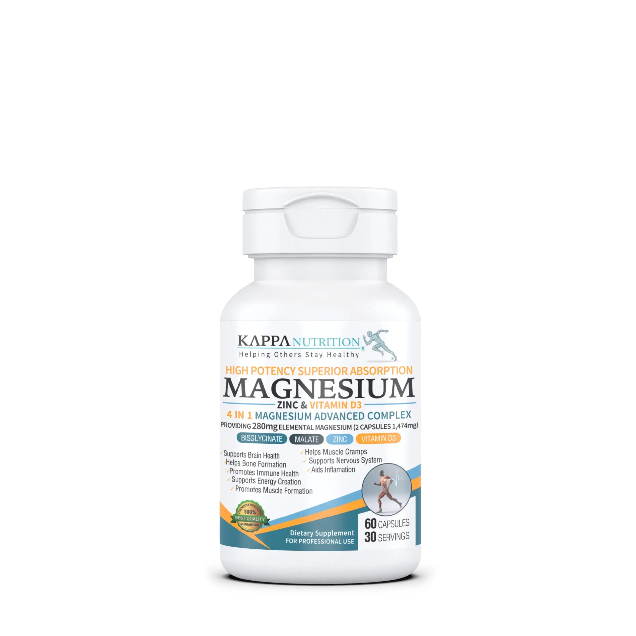 Kappa Nutrition Magnesium 4-in-1, 280mg Elemental Magnesium (Bisglycinate, Malate) + Zinc & Vitamin D3, Brain, Sleep, Energy, Muscle, Immune Support, 60 Vegan Capsules. KAPPA NUTRITION Au supplements