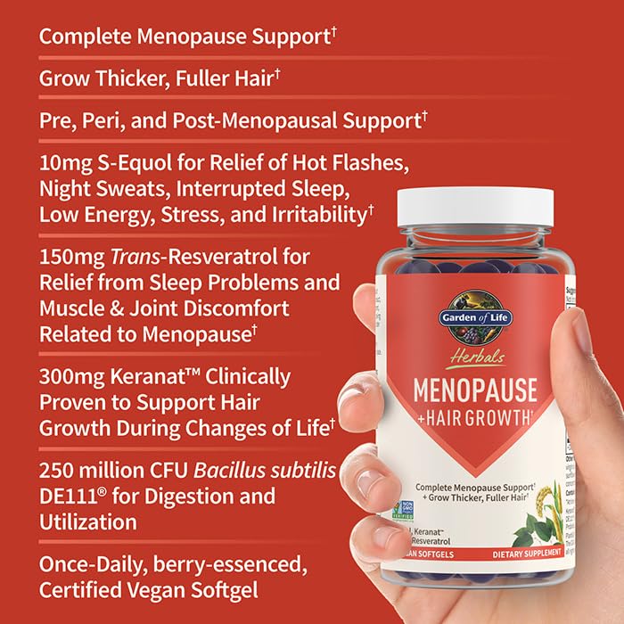 Garden of Life Herbals Menopause Supplement with S-equol & Trans-Resveratrol for Multi-Symptom Relief, Keranat for Thicker, Fuller Hair Growth – Non-GMO, Gluten-Free, Vegan, Berry Flavor, 30 Servings Garden of Life Au supplements