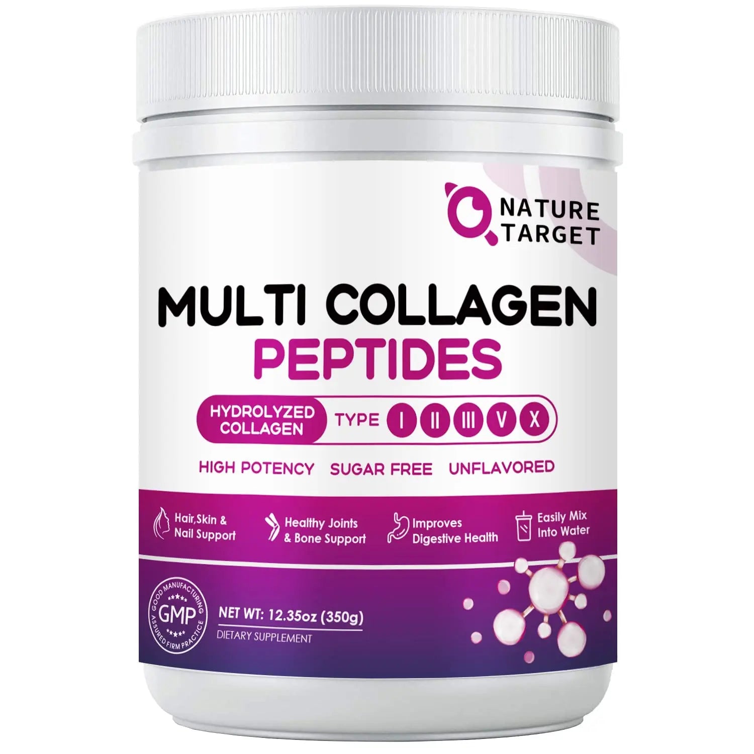 NATURE TARGET Multi Collagen Peptides Powder - Type I, II, III, V, X - Hydrolyzed Collagen Peptides with Vitamin C Hyaluronic Acid, Supports Skin Hair Nail & Joint NATURE TARGET Au supplements