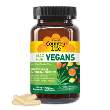 Country Life Max for Vegans - 120 Vegan Capsules - Daily Multivitamins - Immune Support Supplement - Contains Vitamin B12, Iron, Amino Acids, Coenzyme B Vitamins - Gluten-Free Country Life Au supplements
