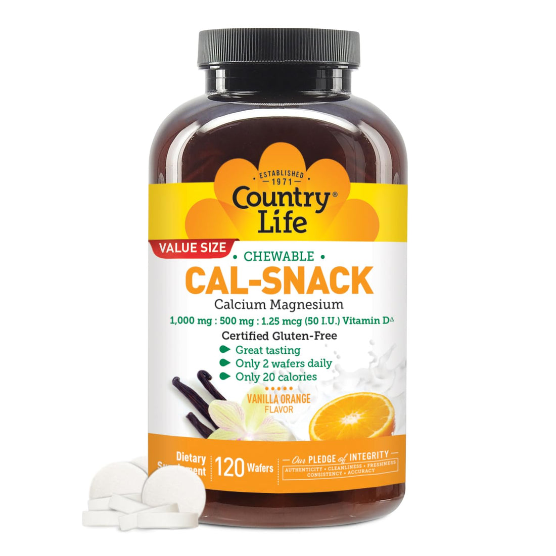 Country Life Cal-Snack - Chewable Calcium Magnesium Supplement wafers with Vitamin D3, Easy to Digest, Vanilla Orange Flavor, Dietary Supplement Country Life Au supplements