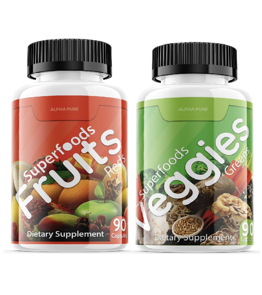 Alpha Pure Superfoods Reds Fruits and Greens 180 Capsules Vegetables Fruits and Veggies Superfood | Natural Balance of 90 Fruit Capsules, 90 Veggie Capsules for Men, Women Vitamins and Minerals Alpha Pure Au supplements