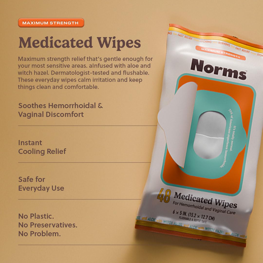 Norms Medicated Hemorrhoid Wipes with Witch Hazel and Aloe, Soothing Flushable Wipes for Itching, Burning & Swelling Relief, Hypoallergenic & Fragrance Free - 48ct (Pack of 1) Norms Au supplements