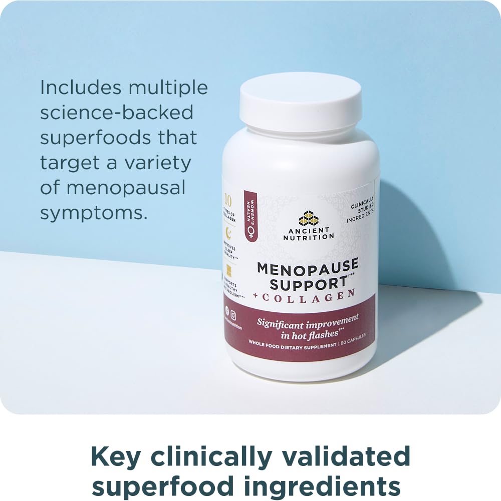 Ancient Nutrition Menopause Support + Collagen Supplement, Hydrolyzed Collagen Peptides, Key Clinically Validated Superfoods, Significant Improvement in Hot Flashes and Sleep Quality, 60 Capsules Ancient Nutrition Au supplements