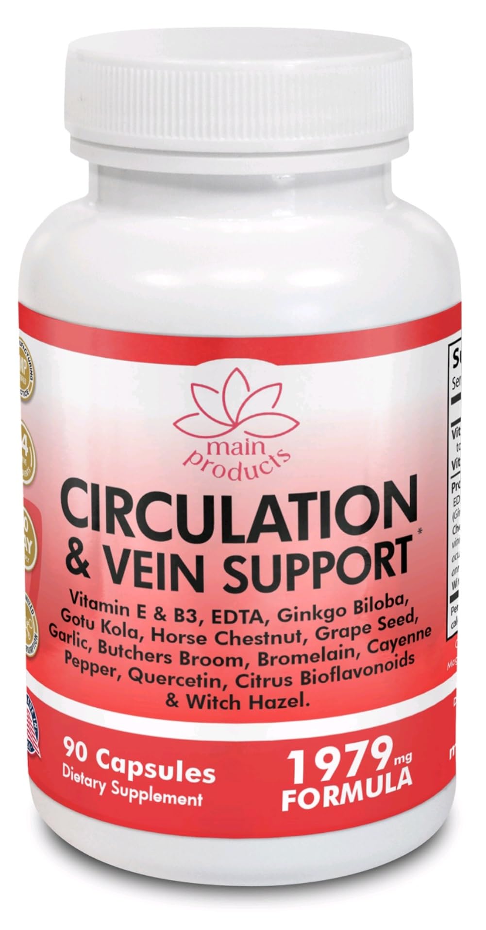 Circulation & Vein Support Supplement - Vitamins E & B3, Ginkgo Biloba, Horse Chestnut, Gotu Kola, Grape Seed, Butcher's Broom & Citrus Bioflavonoids - 1979 mg Formula - 90 Capsules - 30 Days Supply. Main Products Au supplements