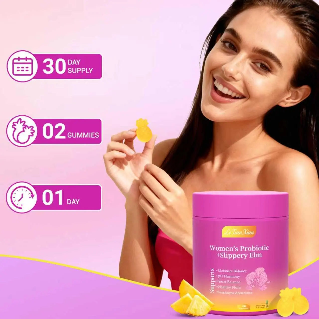 Le Tian Xian Her Juicy Feminine Probiotics Gummies for Women with Slippery Elm, Prebiotics & Lactobacillus - for pH Balance & Digestive Health, Tropical Pineapple Flavor, 60 Count Le Tian Xian Au supplements