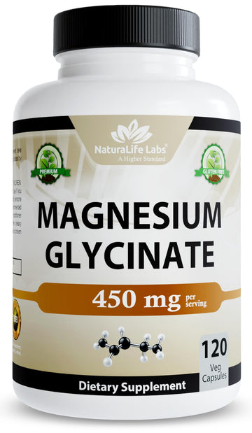 NaturaLife Labs Magnesium Glycinate - 450 mg per Serving – 120 Vegan Capsules - Non-GMO, Gluten-Free, Vegan
