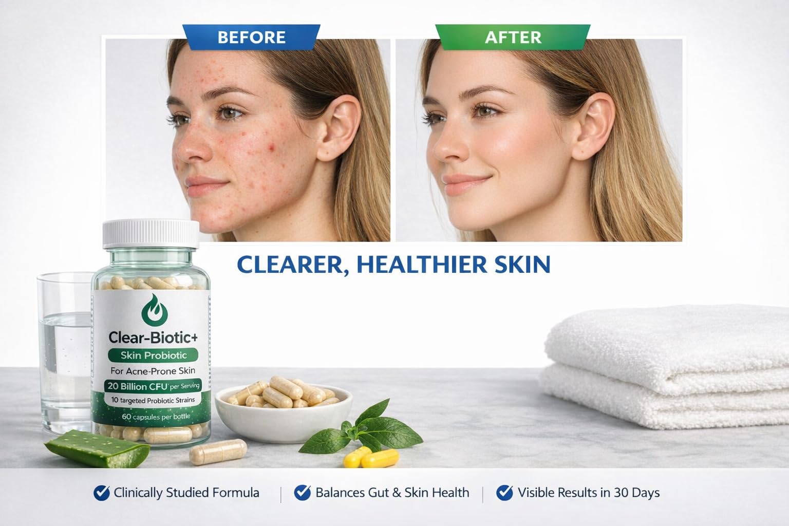 Acne Pills Probiotic Acne Supplements for Teens & Adults - Hormonal Acne Vitamins, Gut Health for Clear Skin, Non-GMO (60 Capsules) Gut Skin Axis Clear-Biotic Au supplements