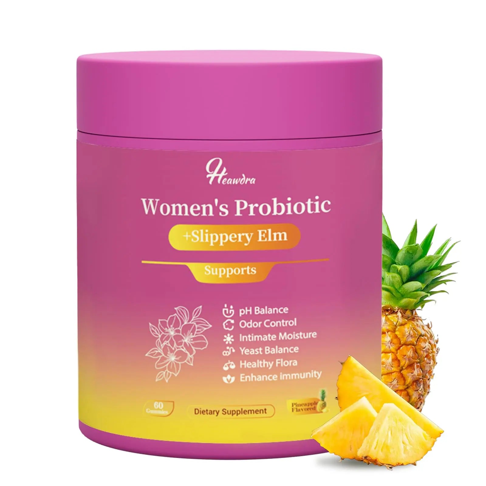 Her Juicy Women's Probiotic Gummies: Supports Women’s Wellness & pH Balance, Clean Vegan, Pineapple Flavor, Prebiotics & Lactobacillus Blend, with Slippery Elm, Gut Health & Immune Defense, 60 Gummies Heawdra Au supplements