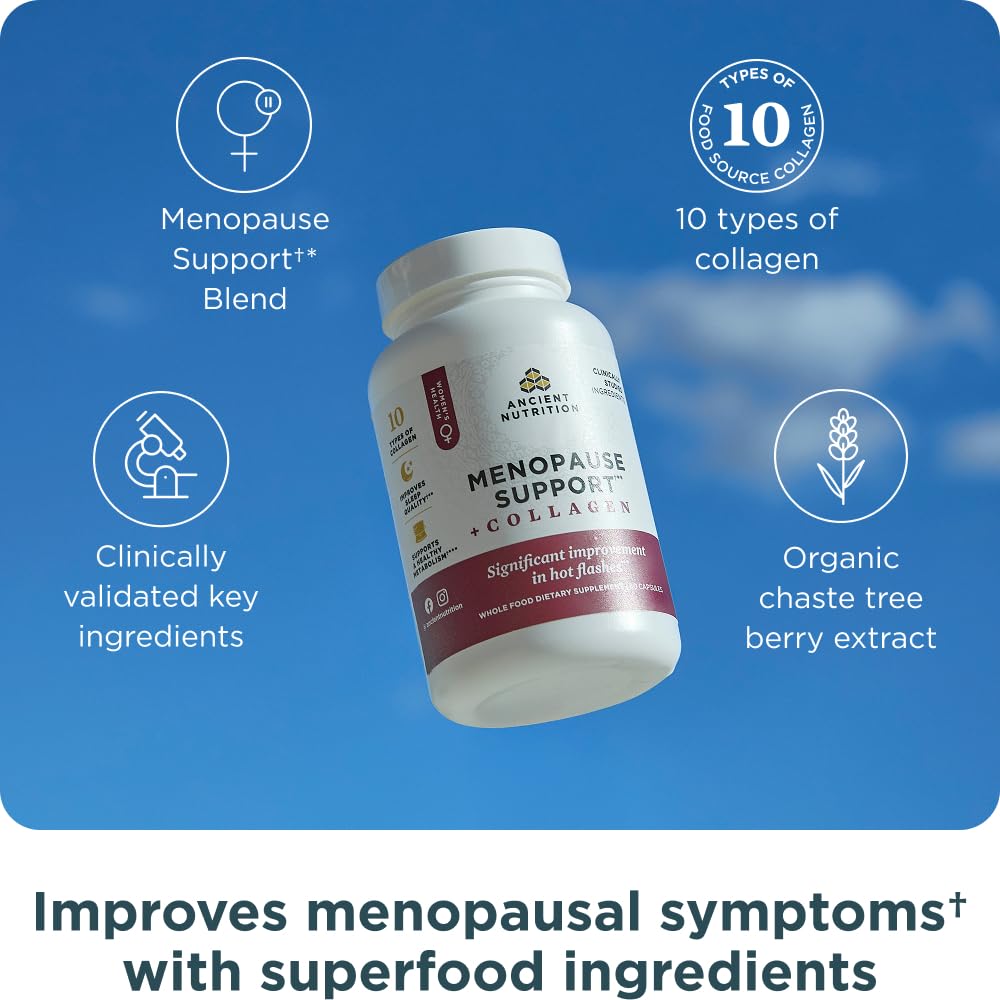 Ancient Nutrition Menopause Support + Collagen Supplement, Hydrolyzed Collagen Peptides, Key Clinically Validated Superfoods, Significant Improvement in Hot Flashes and Sleep Quality, 60 Capsules Ancient Nutrition Au supplements