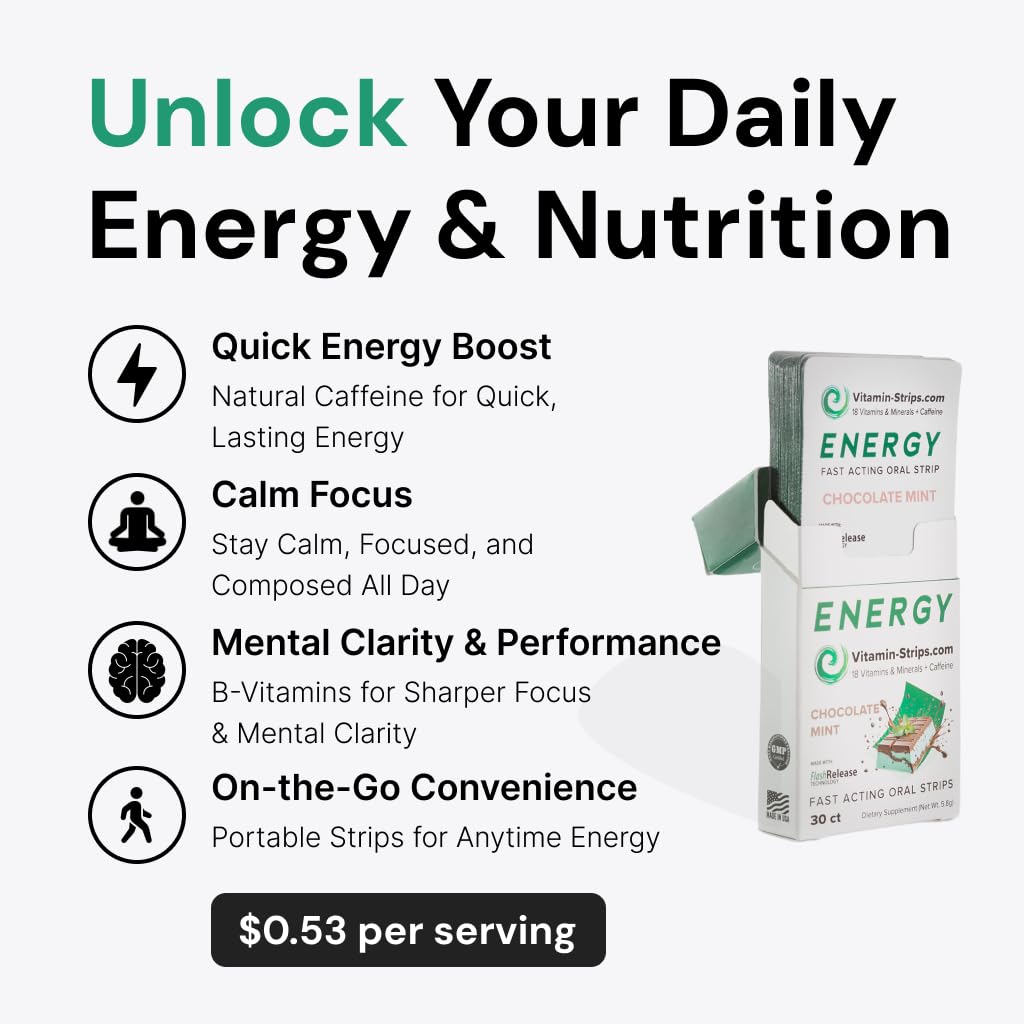 Peak Performance Energy Strips — Vegan, Gluten Free, Soy Free & Sugar-Free Breath Strips w/Caffeine, 18 Vitamins & Minerals — Instant Energy Boost Chocolate Mint Dietary Supplement — 30 Oral Strips Vitamin-Strips Au supplements
