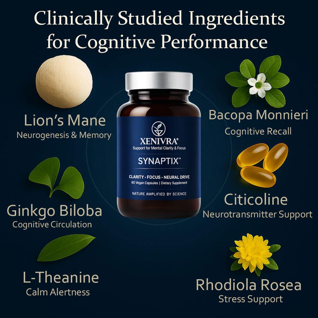 Xenivra Synaptix™ Natural Nootropic Brain Supplement | Herbal Memory & Focus Pills with Citicoline, L-Theanine, Lion’s Mane, Bacopa & Rhodiola | Mental Clarity & Brain Fog Support | 60 Vegan Capsules XENIVRA NATURE, AMPLIFIED BY SCIENCE Au supplements