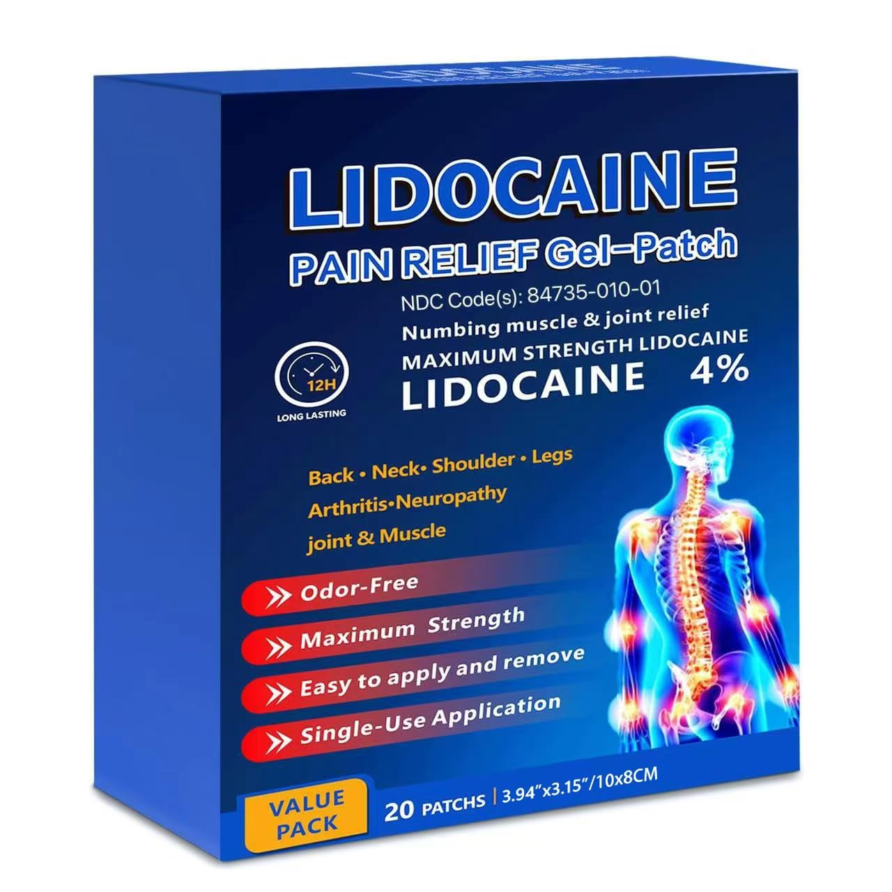 KIbabyDI Professional Lidocaine Pain Relief Patches - 20 Count | 4% Medicated Gel Patches for Targeted Joint & Muscle Comfort | Long-Lasting 12-Hour Relief, Ultra-Flexible Design -lb263 KIbabyDI Au supplements