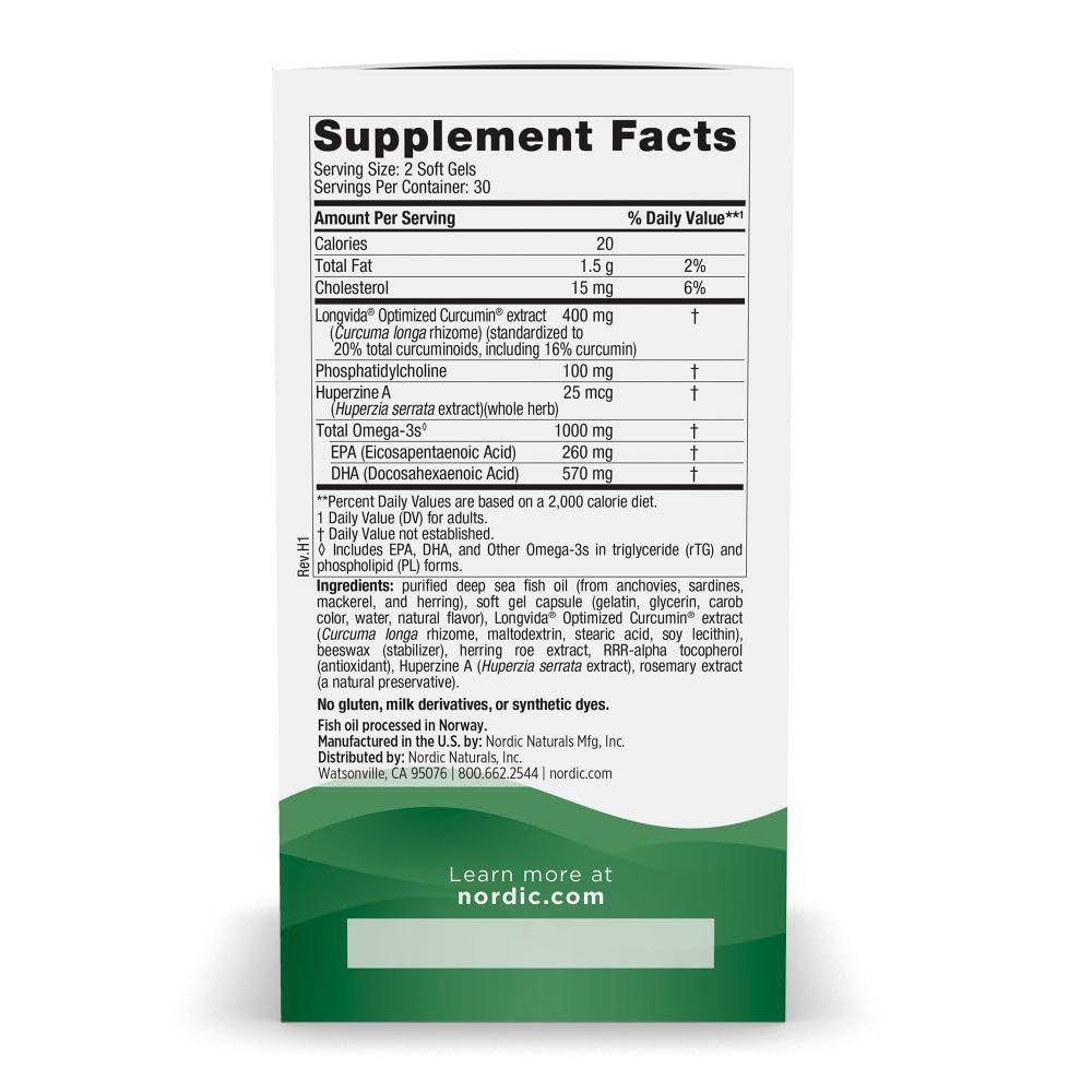 Nordic Naturals Memory Support with Curcumin - 60 Soft Gels - 1000 mg Omega-3 + 400 mg Optimized Curcumin - Memory, Cognition - Contains Phosphatidylcholine & Huperzine A - Non-GMO - 30 Servings Nordic Naturals Au supplements