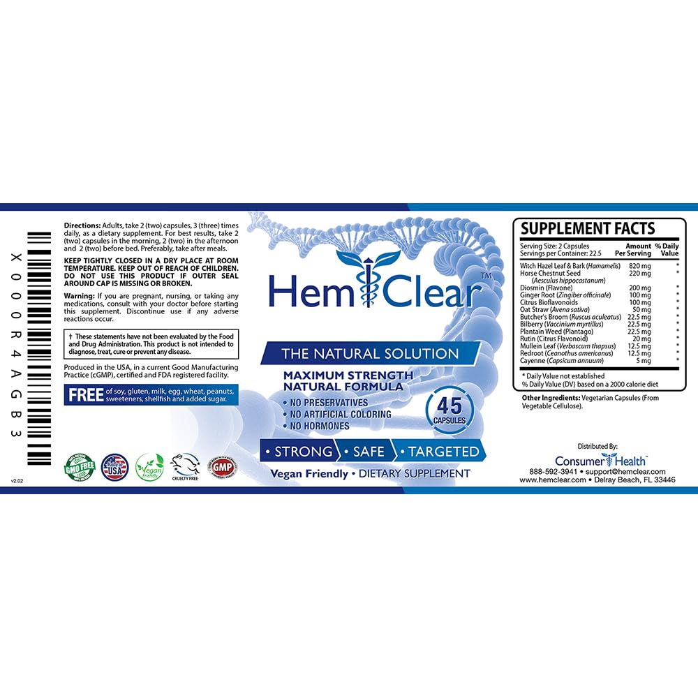 HemClear for Hemorrhoids - Vegan, 100% Natural Formula for Hemorrhoid Relief & Vascular Health - Maximum Strength 1 Bottle Hemclear Au supplements