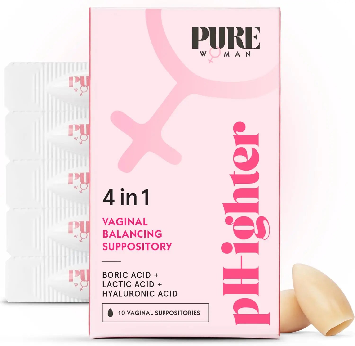 PURE WOMAN - pH-ighter Vaginal Boric Acid Suppositories for Women - Hyaluronic Acid - 4 in 1 Vaginal Suppositories for Discomfort, Dryness, Odor & pH Balance- Full Vaginal Health Care - 10ct PURE WOMAN Au supplements