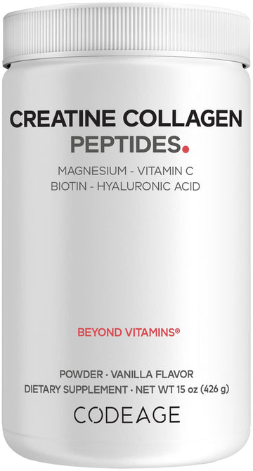 Codeage Creatine Collagen Peptides - Creatine Monohydrate Powder Supplement, Wild-Caught Marine Collagen, Biotin, Magnesium, Vitamin C, Hyaluronic Acid - Vanilla Flavored - Non-GMO - 15 Oz Codeage Au supplements