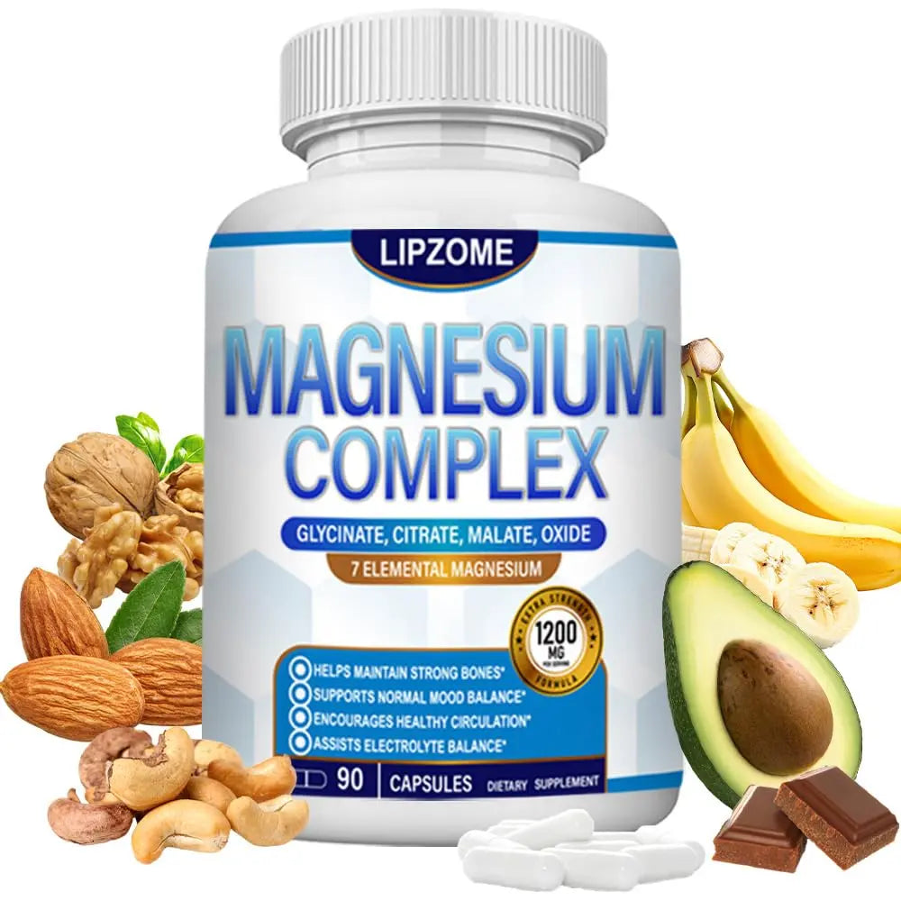 Magnesium Complex Supplement 1200mg - Advanced 7-in-1 Magnesium Blend - Glycinate, Citrate, Malate, Taurate, Oxide, Aspartate, Orotate – High Absorption Formula – Non-GMO, 90 Capsules Lipzome Au supplements
