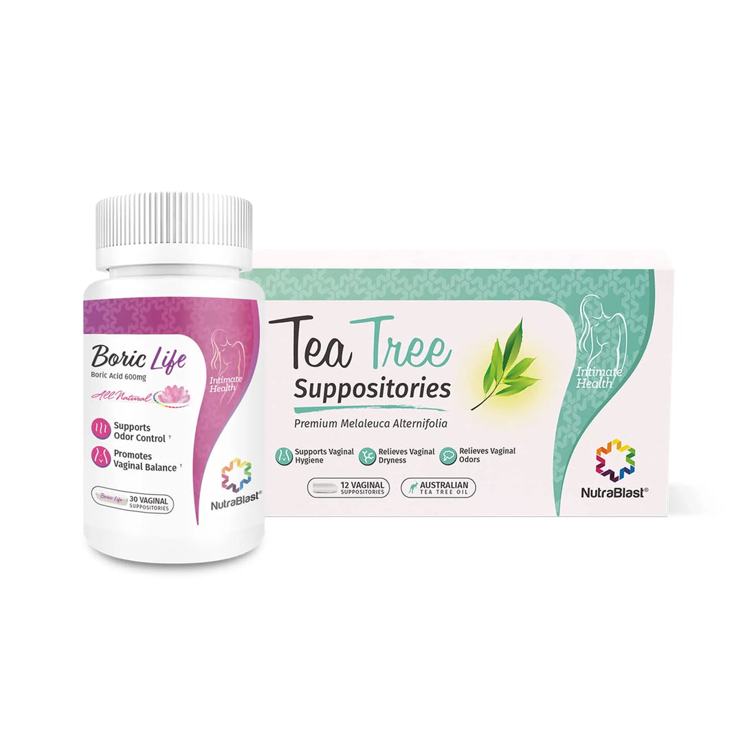 NutraBlast Boric Acid Suppositories 600mg (30 Count) Bundle with Tea Tree Oil Suppositories (12 Count) | All Natural Intimate Deodorant for Women | Restore Feminine pH Balance NutraBlast Au supplements
