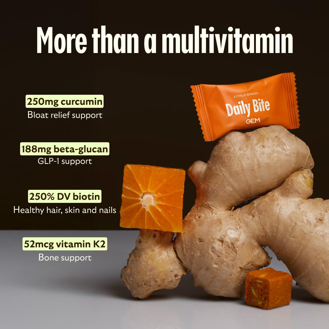 GEM Daily Bite for Women & Men, with 20+ Vitamins, Minerals, & Superfoods Like Zinc, Vitamin D, B-Complex, K, Turmeric, Fiber & Prebiotics, Beta Glucan GLP-1 Support & Immunity (Citrus Ginger,7 count) GEM Au supplements