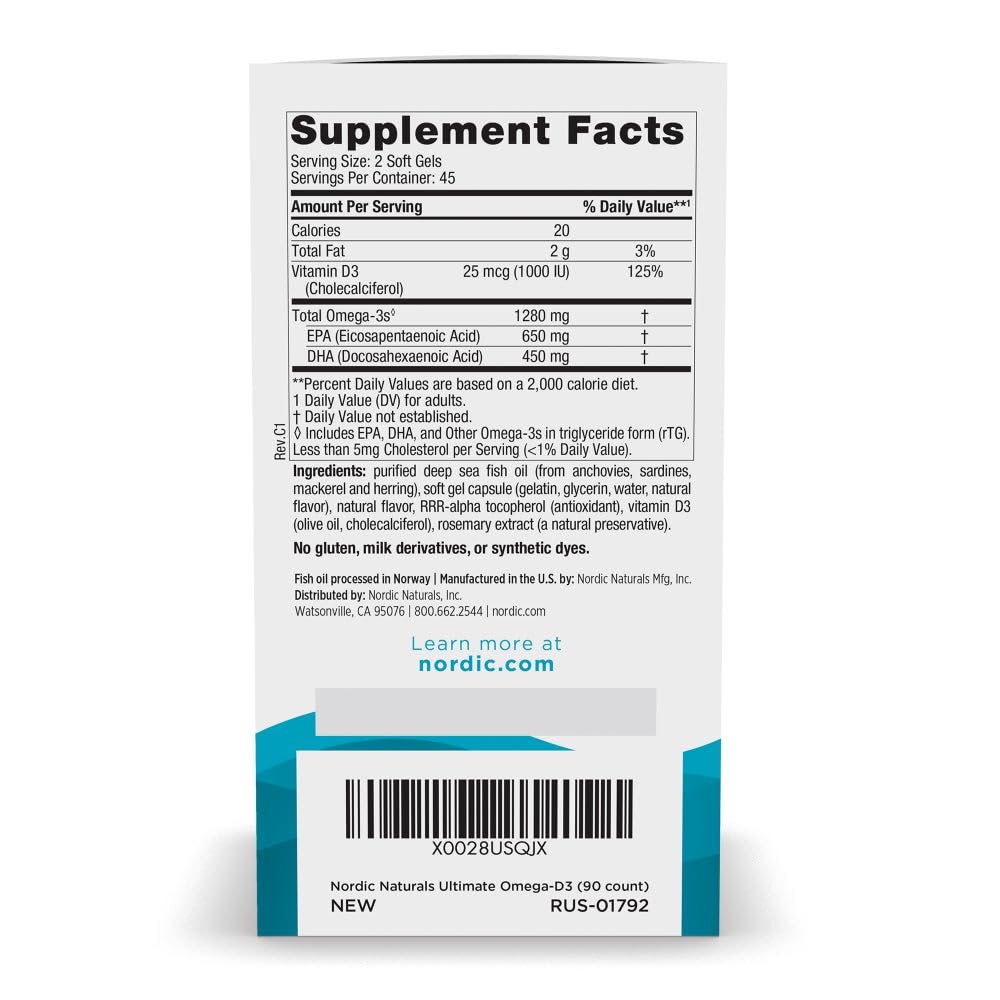 Nordic Naturals Ultimate Omega-D3, Lemon Flavor - 90 Soft Gels - 1280 mg Omega-3 + 1000 IU Vitamin D3 - EPA & DHA - Promotes Brain, Heart, & Immune Health - 45 Servings Nordic Naturals Au supplements