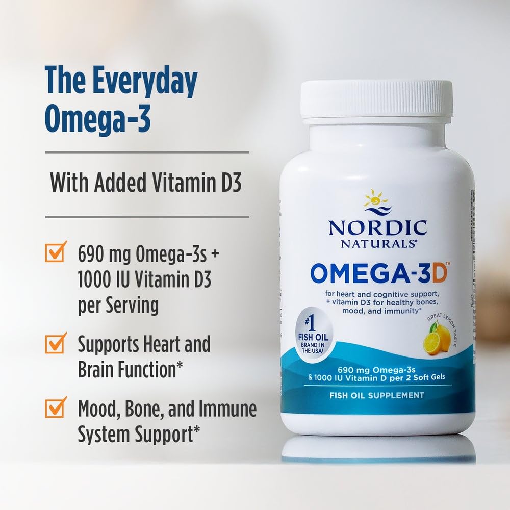 Nordic Naturals Omega-3D, Lemon Flavor - 120 Soft Gels - 690 mg Omega-3 + 1000 IU Vitamin D3 - Fish Oil - EPA & DHA - Immune Support, Brain & Heart Health, Healthy Bones - Non-GMO - 60 Servings Nordic Naturals Au supplements