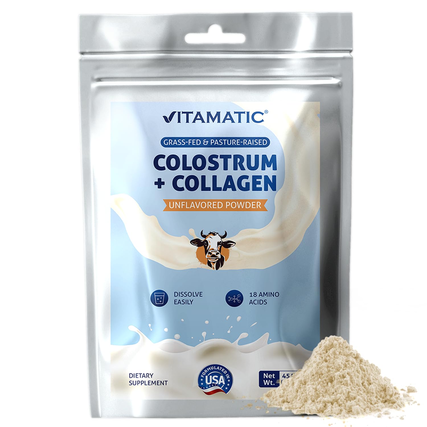 Vitamatic Bovine Colostrum + Collagen Powder - Supplement for Gut Health, Hair Growth, Beauty, Muscle Recovery, & Immune Support - Easy to Mix - Unflavored - 454 Gram, (16 oz) Vitamatic Au supplements