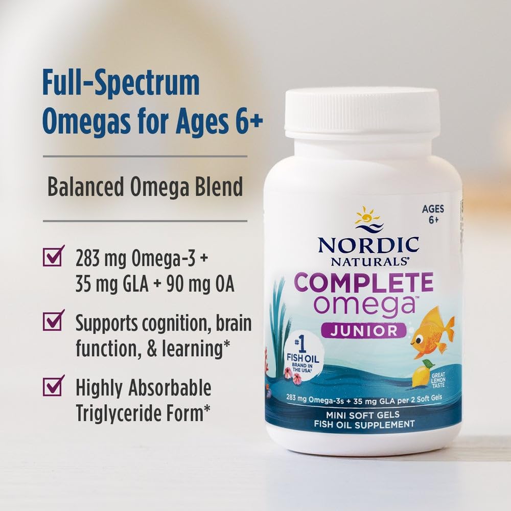 Nordic Naturals Complete Omega Jr., Lemon - 180 Mini Soft Gels - 283 mg Total Omega-3s & 35 mg GLA - Healthy Cognition, Nervous System Function - Non-GMO - 90 Servings Nordic Naturals Au supplements