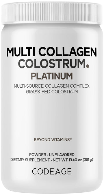 Codeage Multi Collagen Colostrum Powder Platinum - Hydrolyzed Grass-Fed Bovine Collagen Peptides, Grass-Fed Bovine Colostrum Supplement, Vitamin C, Biotin, Hyaluronic Acid, Lactoferrin - 13.4 Oz. Codeage Au supplements