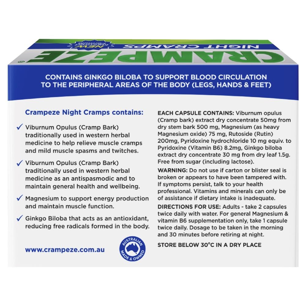 Crampeze Night Cramps Natural Relief of Muscle Cramps, Spasms & Tired Legs 60 Capsules Crampeze Au supplements