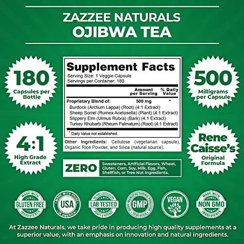 Zazzee Extra Strength Ojibwa Tea 500 mg, 180 Vegan Capsules, Rene Caisse's Original Zazzee Au supplements