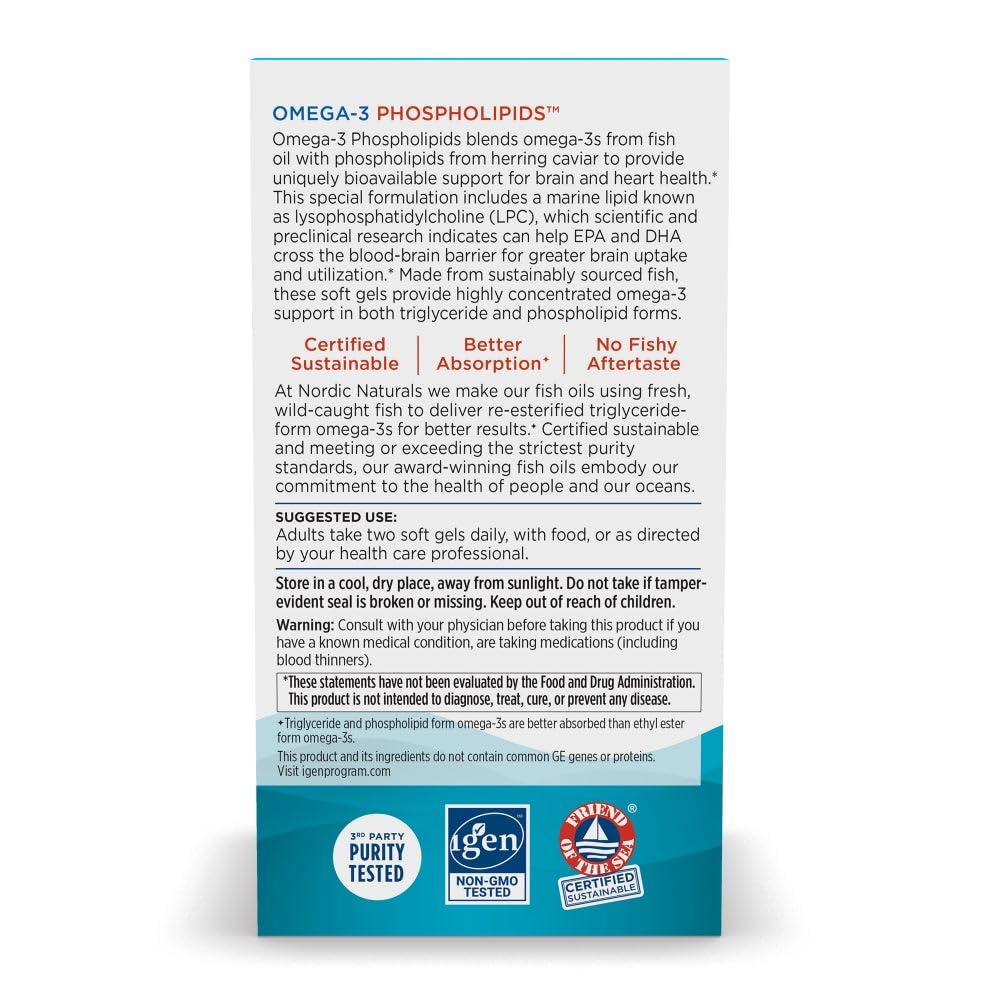 Nordic Naturals Omega-3 Phospholipids, Unflavored - 60 Soft Gels - 500 mg Omega-3 & 350 mg Phospholipids - Heart & Brain Health - Small, Easy-to-Swallow Soft Gels - Non-GMO - 30 Servings Nordic Naturals Au supplements