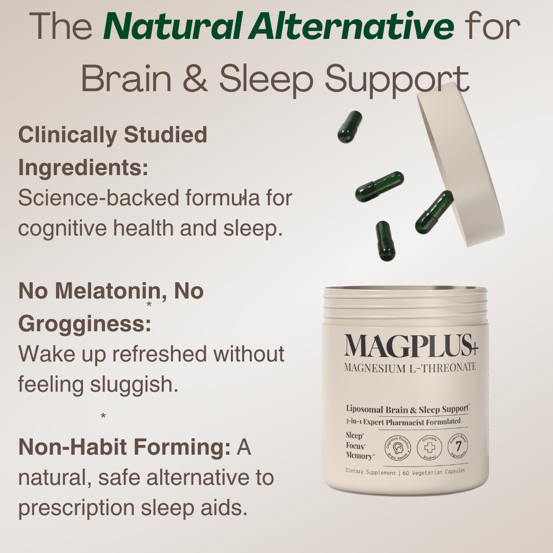 MAGPLUS+ Magnesium L-Threonate w Apigenin & L Theanine | 7-Ingredient Sleep Blend | Brain, Memory, & Sleep Support | Liposomal Magnesium Threonate Supplement (60 Capsules) Plus+Ultra Au supplements