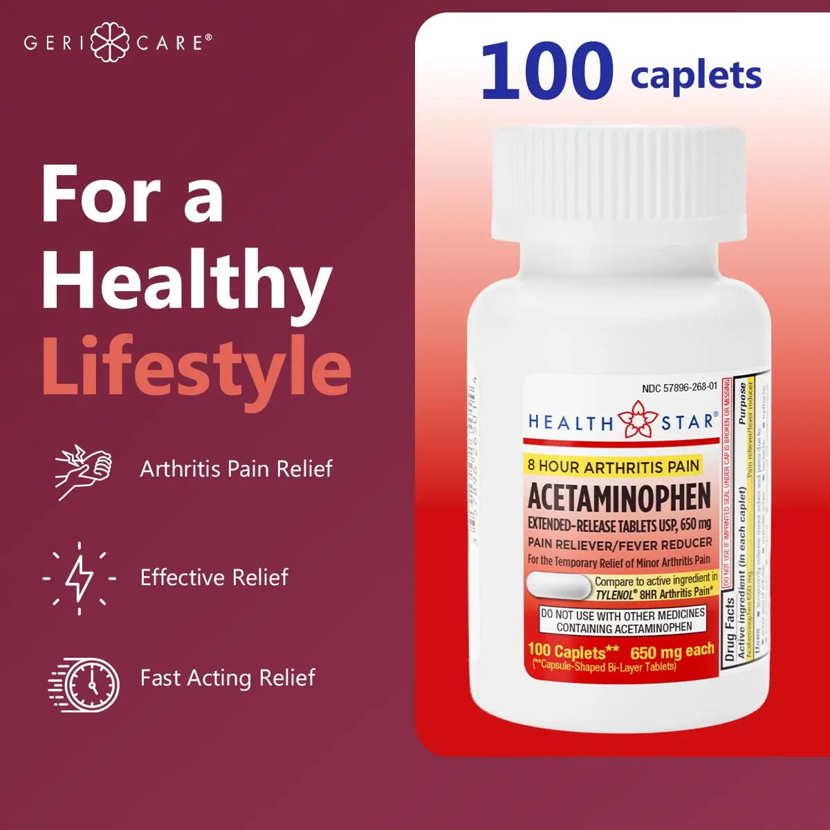 GeriCare Acetaminophen Extended-Release Arthritis 650mg Caplets, Pain Reliever, Arthritis Symptoms, Fever Reduction, 100 Count (Pack of 1) GeriCare Au supplements