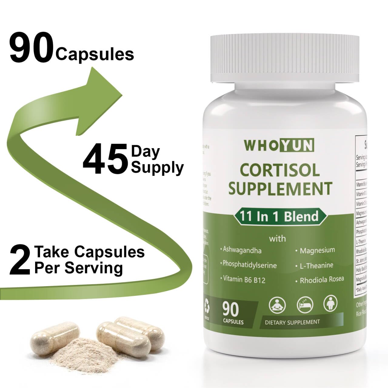 Whoyun Cortisol Supplement for Women, 11 in 1 Lower Cortisol Blend with Ashwagandha, Phosphatidylserine, Magnesium, L-Theanine, Vegan, 90 Capsules Whoyun Au supplements