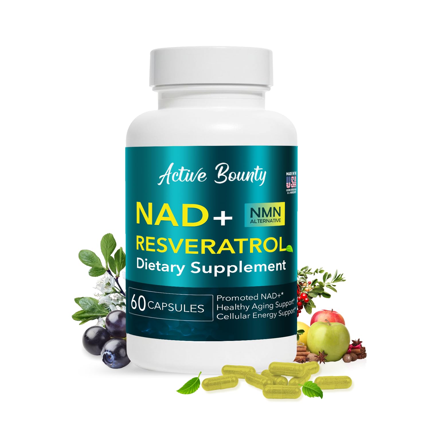 NAD+ Resveratrol Supplement with Quercetin – NMN Alternative for Cellular Energy Support, Focus & Healthy Aging – High Potency 500mg NAD+ Formula, Vegan, Non-GMO, Gluten-Free, Made in USA, 60 Capsules Active Bounty Au supplements