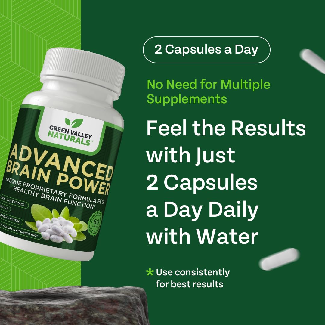 GREEN VALLEY NATURALS - Advanced Brain Power - Supports Healthy, Normal Brain Function, Focus and Concentration, clinically formulated to Support Healthy Brain Clarity. (1 Bottle, 60, Count) GREEN VALLEY NATURALS Au supplements
